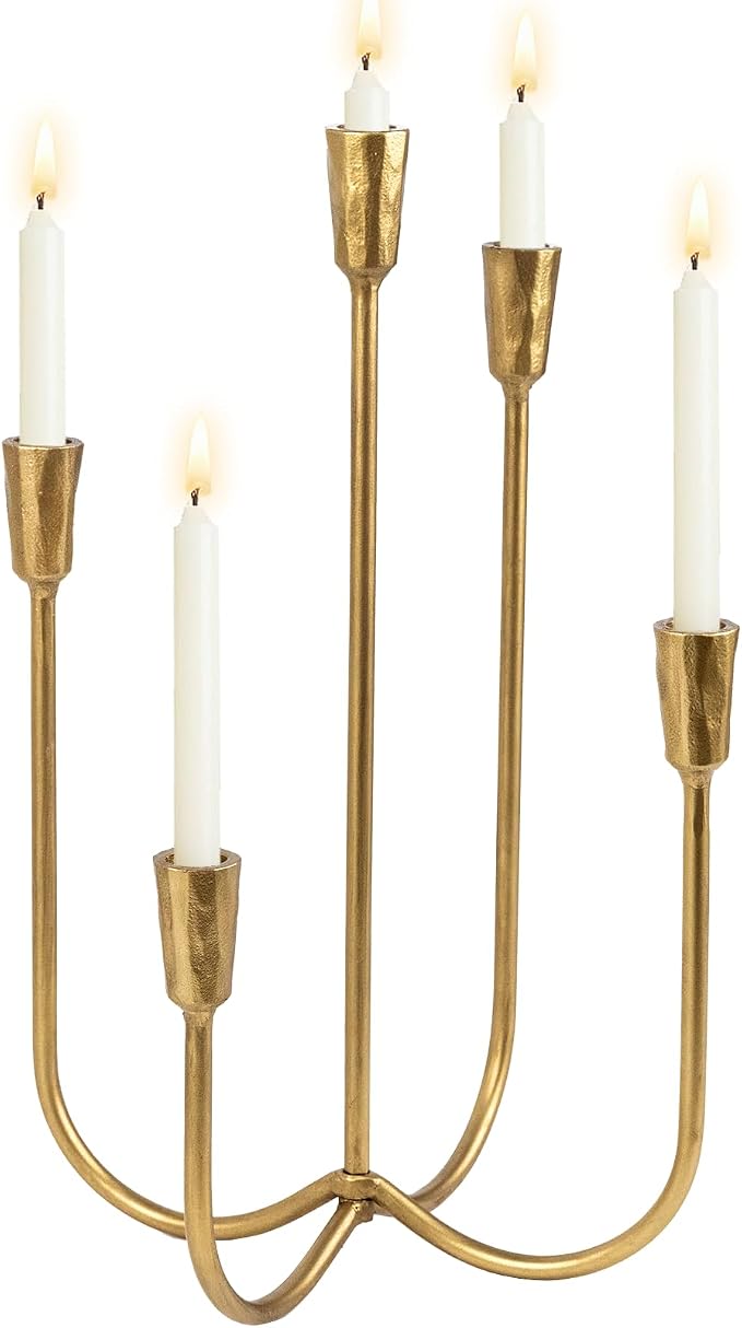 5 Candle Candelabra Antique Brass Finished, 17.5 Inch Tall Candlestick Holder Cast Iron Candle Holder Stand for Taper Candles, Elegant Centerpiece for Farmhouse, Wedding, Mantel & Dining Room