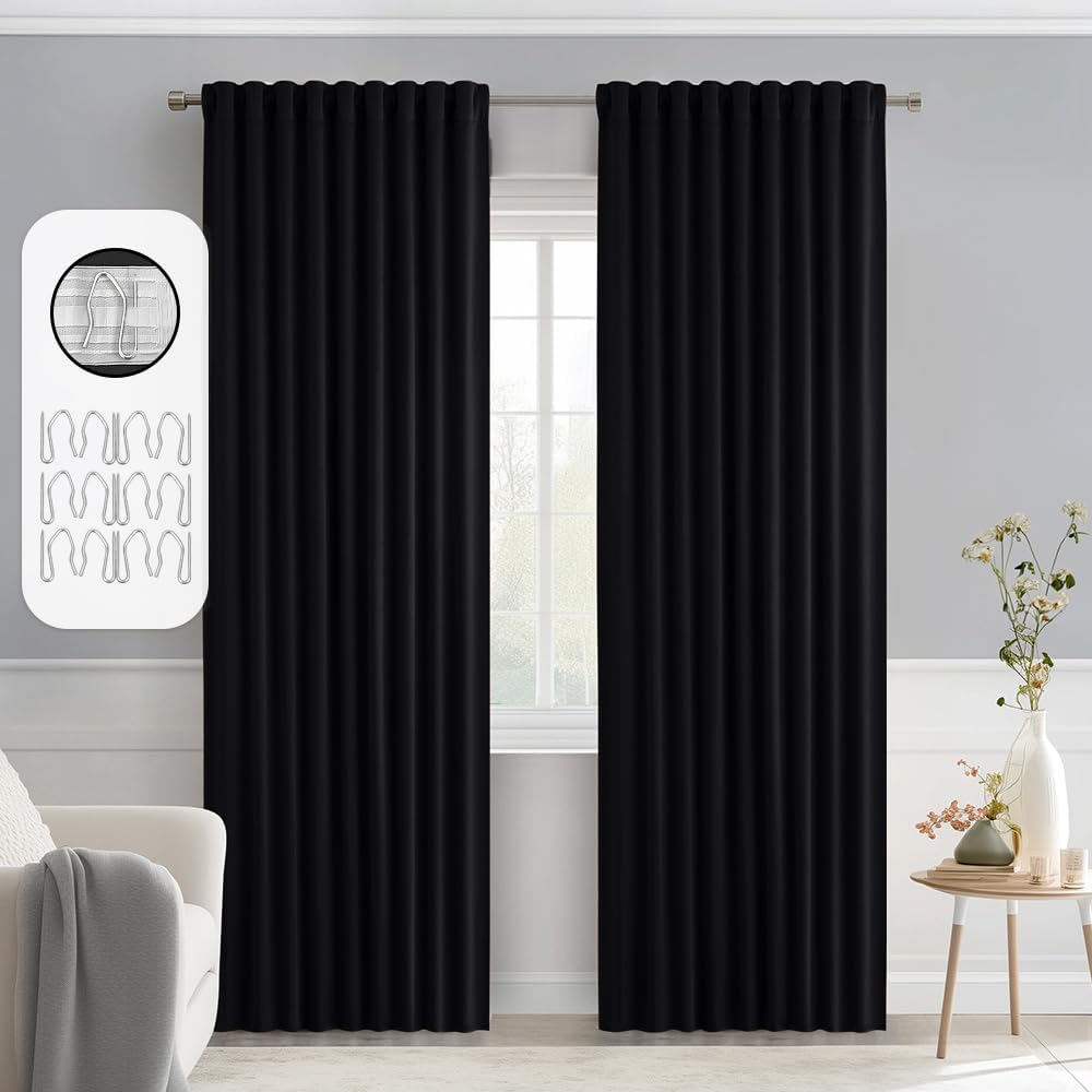 MIULEE Back Tab Blackout Curtains 90 Inch Long 2 Panels Set for Living Room Bedroom Privacy, Halloween Black Rod Pocket/Pinch Pleated Thermal Insulated Room Darkening Light Blocking Curtains/Drapes