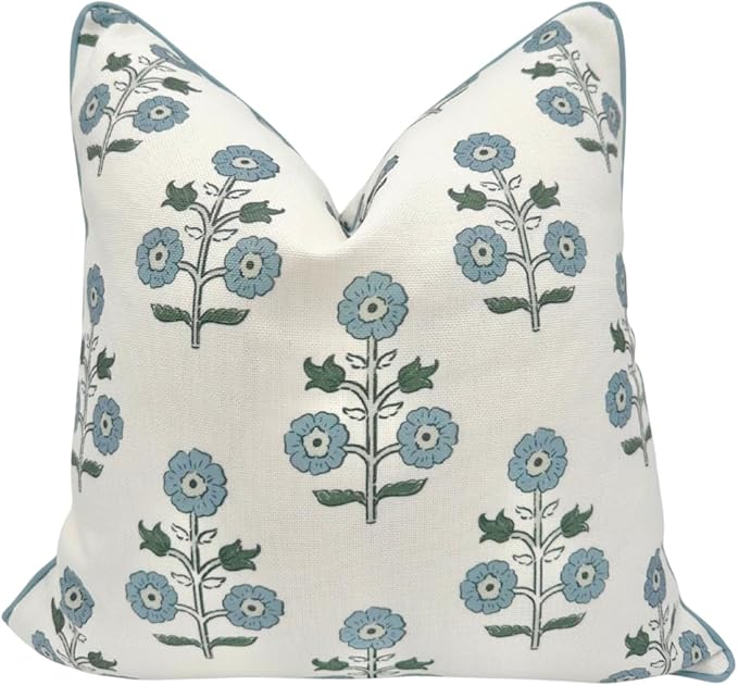 Jillien Harbor "The Stella” Floral Block Print Pillow Cover – Blue & White Decorative Throw Pillow Cover with White Background – Grandmillennial Home Decor, 20" x 20"