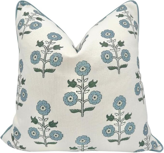 Jillien Harbor "The Stella” Floral Block Print Pillow Cover – Blue & White Decorative Throw Pillow Cover with White Background – Grandmillennial Home Decor, 20" x 20"