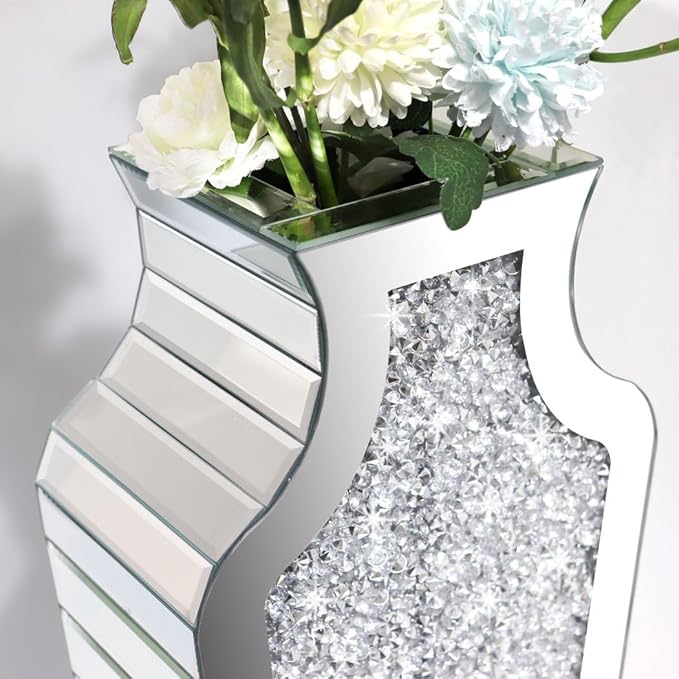 Allartonly Floor Crushed Diamond Mirrored Vase 27" Tall, Crystal Silver Glass Decorative Mirror Large Size Luxury for Home Decor. Can't Hold Water.