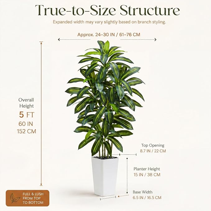 Artificial Dracaena Tree：5FT Faux Silk Tropical Yucca Floor Trees Realistic Fake Green Plant with Natural Wood Trunk & Lifelike Leaves for Home Office Decor Indoor & Outdoor (5FT,1-Pack,White)