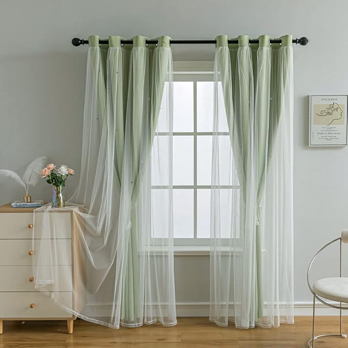 FANLI 2 Panels Star Blackout Curtains for Kid Girls Bedroom Living Room Darking Stripe Double Layer Star Cut Out Wall Home Decor Gradient Grommet Window Curtains (Green 72L)