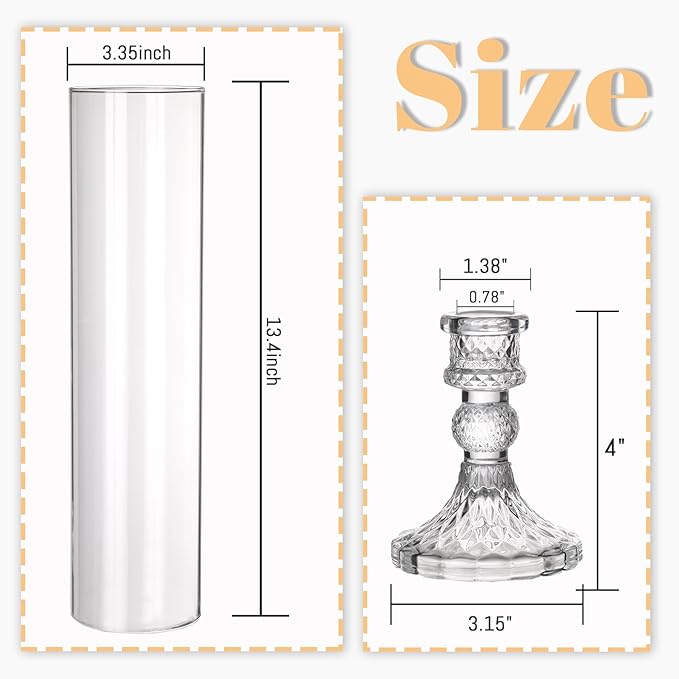 6 Set Hurricane Glass Candle Holders for Taper Candles, Candlestick Holders with Windproof Glass Tubes 13.4" H, Taper Candle Holders for Wedding, Dinner Table Centerpieces, Festival and Party Decor