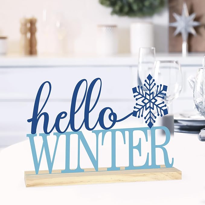 COCHIE Metal Hello Winter Sign, Snowflake Table Centerpieces Decorations for Home, Office, Shelf, Mantel, Indoor, Navy Blue Party Decor Supplies (Winter)