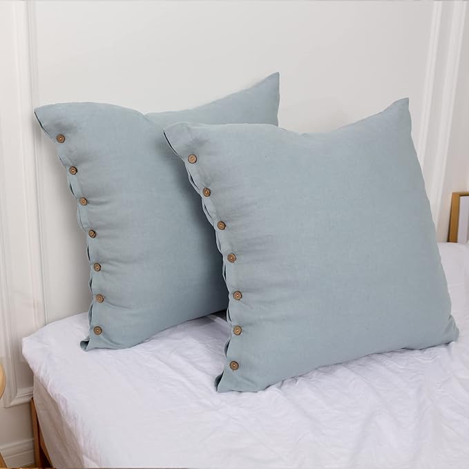 Simple&Opulence 100% Washed Linen Euro Sham Cover, 26 x 26 Inch, Decorative Bed Pillow Cover with Coconut Button, Solid Color Pillow Shams Set of 2 (Dusty Blue)