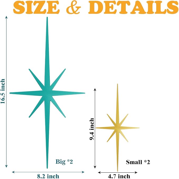 4 Pack Metal Star Wall Art 8 Pointed Starburst Wall Decor Set with 2 Large & 2 Small Pieces Mid Century Celestial Metal Wall Sculpture for Bedroom Living Room Office Gallery Wall