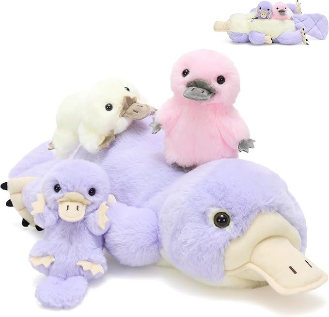 MorisMos 4Pcs Platypus Stuffed Animal, 24 Inch Cute Mommy Platypus Stuffed Animals with 3 Baby, Plush Gifts Kids Boys Girls, Purple