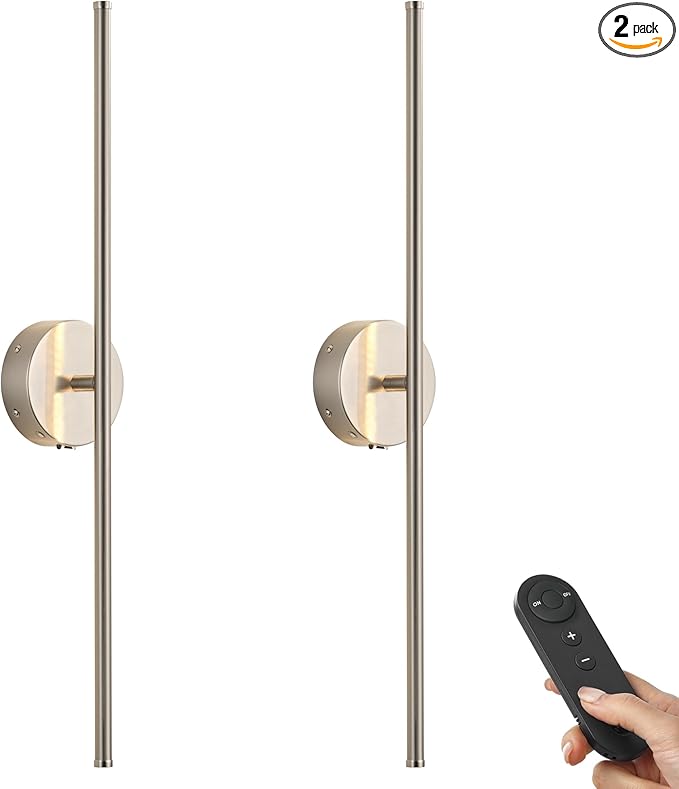 KARTOOSH Battery Operated Wall Sconces with Remote Control, Dimmable Wall Sconces Set of Two, 350°Rotate, 3000K LED Nickel Wireless Wall Light for Living Room,Bedroom, Hallway, 28.3 Inch (2 Pack)