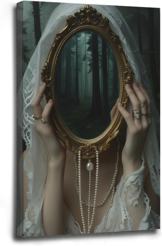 Mirror face covering dark art poster print melancholy gothic painting vintage feminine print victorian style decoration antique art24x36in Wood Framed