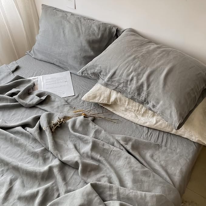 Simple&Opulence 100% Linen Pillowcases Basic Style Solid Color Set of 2, Queen Size Stone Washed Flax Pillow Cover Envelope Closure (20''x30'', Ultimate Grey)