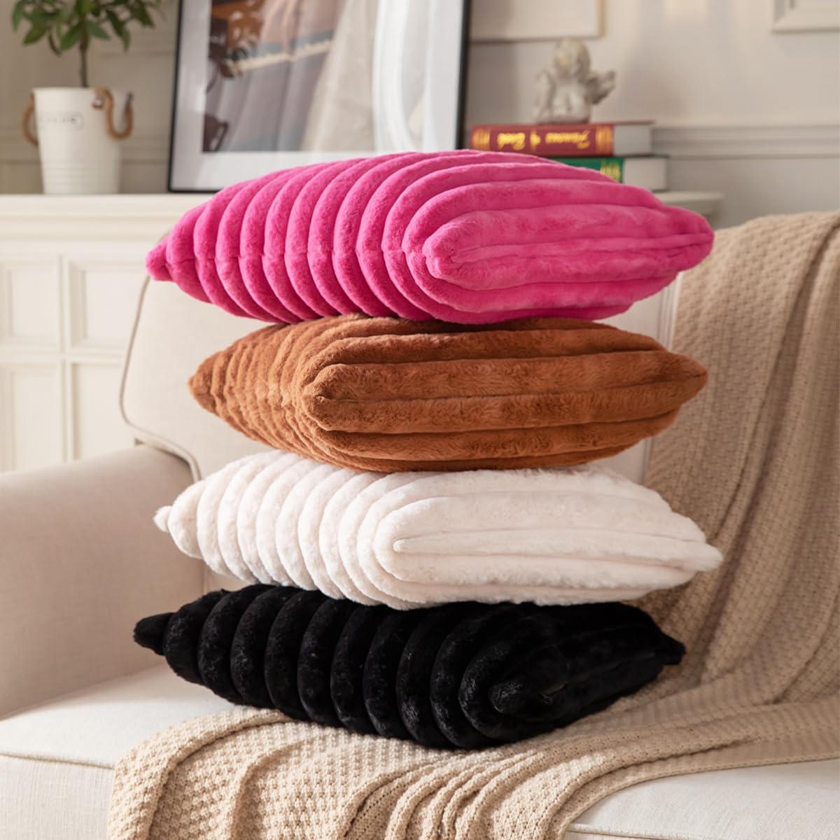 DEELAND Pack of 2,Double-Sided Faux Fur Plush Decorative Throw Pillow Covers Fuzzy Striped Soft Pillowcase Cushion Covers for Sofa Couch Bedroom Black 24x24 inch