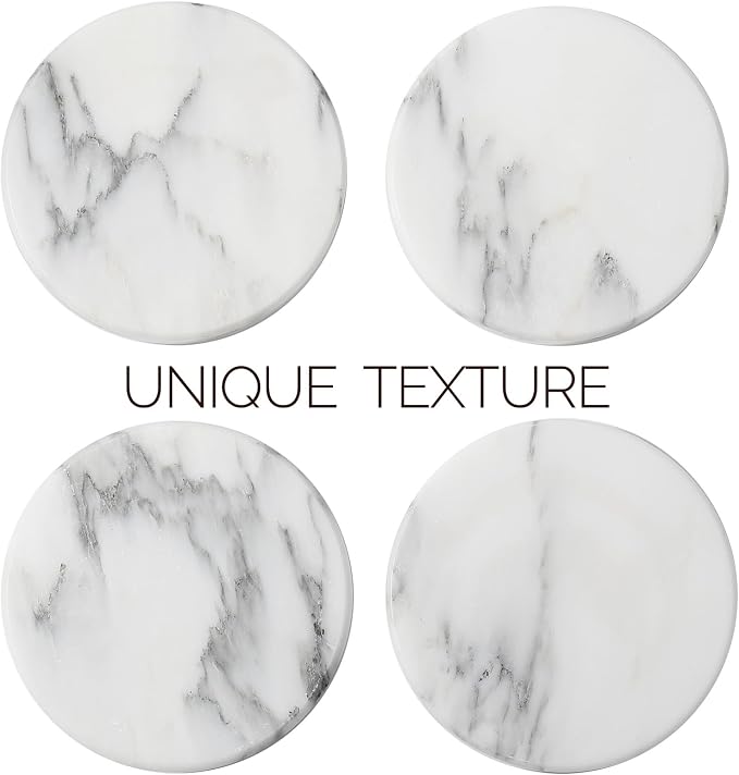 Koville Marble Coaster Set of 4, Round Coasters, 4" Stone Coaster for Drinks Coffee, Marble Coasters for Coffee Table Home Bar Decor, Heat Resistant, Gift Choice(Arabescato)