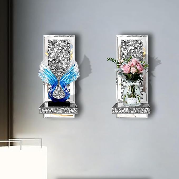 ZOLAPI Set of 2 Crystal Crush Diamond Candle Sconces, Gorgeous Silver Mirrored Wall Sconce, Candle Holder Glass Wall Decorations for Home Décor, Living Room, Dining Room. 1A
