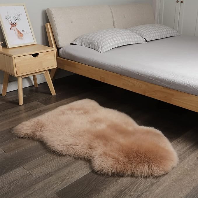 AOGELAN Shaggy Fur Area Rug, Genuine New Zealand Sheepskin Rug, Soft Fur Prayer Pup Carpet Mat, Single Pelt 2ft x 3ft Light Brown