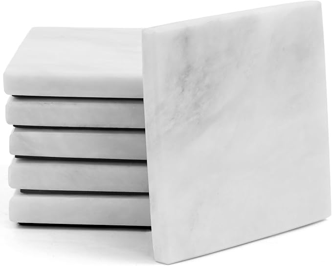 Radicaln White Marble Coasters Set of 6 Handmade 3.5" Inch Square Coasters for Drinks, Elegant Stone Coasters for Home, Office & Kitchen Decor