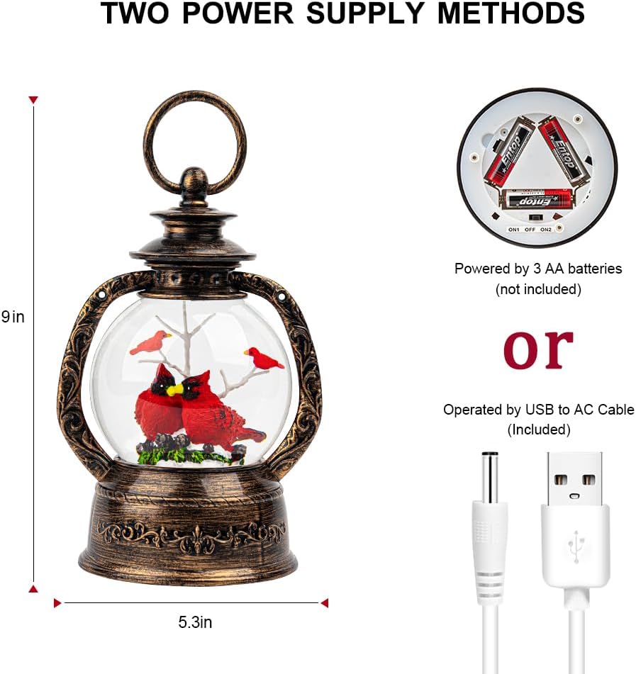 Christmas Snow Globe Lantern Water Glittering Cardinal with Music, USB Lined/Battery Operated Lighted Lantern for Christmas Festival Decoration Gifts