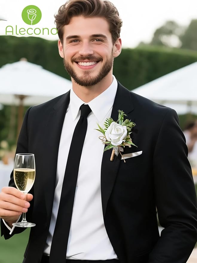 Alecono White Corsage and Boutonniere Set, Rose Bride Wrist Corsage and Groom Boutonniere for Wedding Prom Flower Accessories Suit Decorations