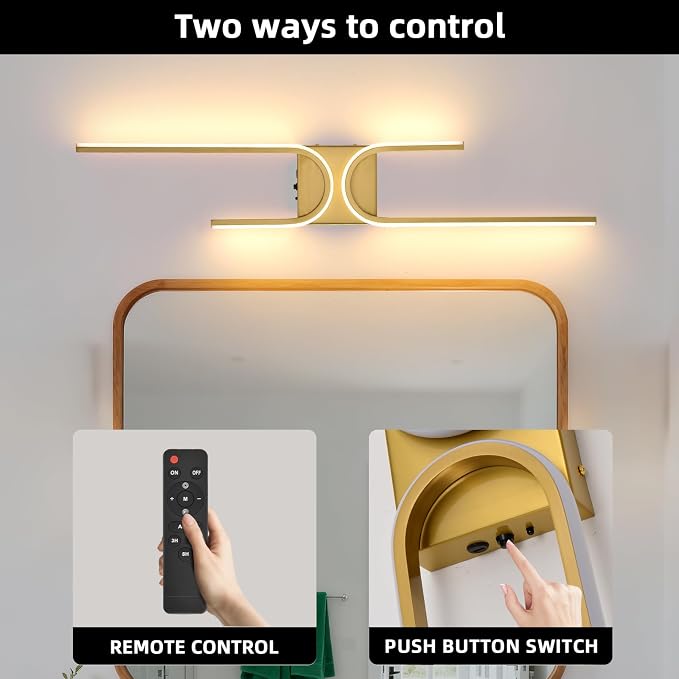 Battery Operated Wall Sconce with Remote Control, USB Rechargeable Wireless Wall Sconce Set of 2, LED Dimmable Wall lamp, 3 Color/Timer/Memory, Gold Wall lights for Bedroom Living Room, 31.5 inch