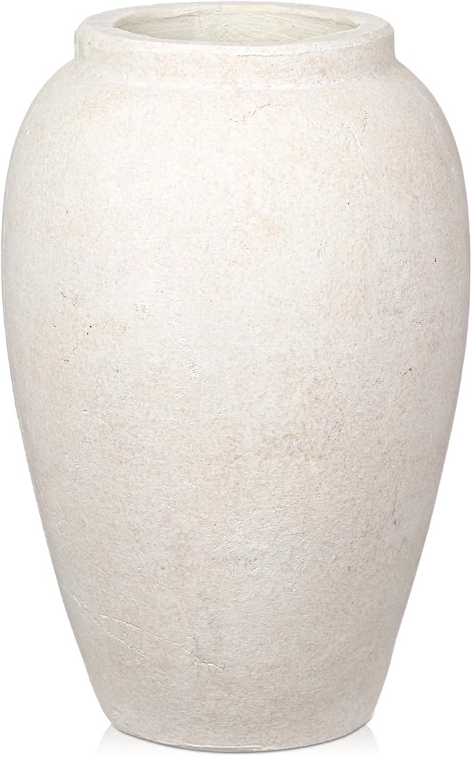 Handcrafted Flower Vase, 10.5" Tall Terracotta Vases, Vintage White Vase, Rustic Antique Décor, Wide Mouth, Matte Finish for Home Office Resto Café Decoration