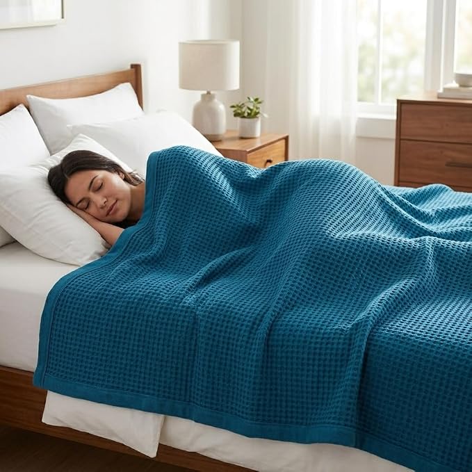 TreeWool Premium 100% Cotton Waffle Queen Blanket (90"x90", Teal) | Breathable Lightweight Moisture Wicking Soft Knit Thermal Blanket for Summer, Bed or Sofa All-season Comfort Machine Washable