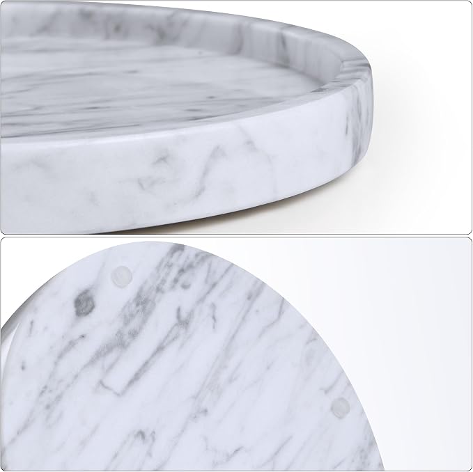 Decorative Round Marble Tray with Anti-Slip Pads, 10 Inches Diameter, Natural White Stone Vanity Organizer (Large)