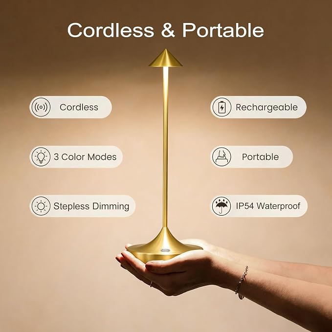 Rechargeable Cordless Table Lamp, Battery Operated LED Lamps | 3-Color Stepless Dimmable, Portable IP54 Waterproof Outdoor Lamps for Patio Dining Bar Home Office (2-Pack Glossy Gold)
