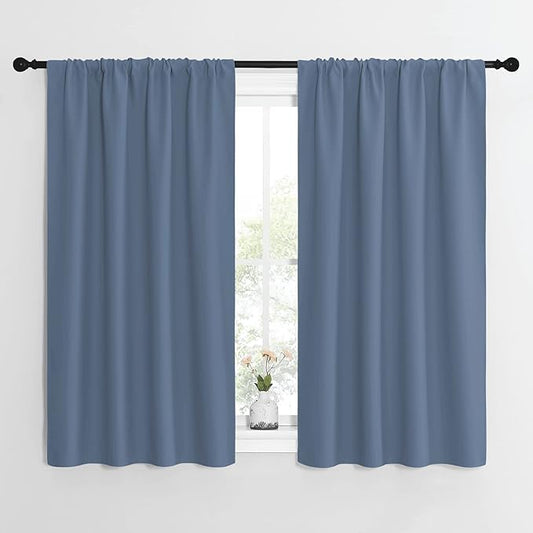 NICETOWN Kitchen Curtains, Short Blackout Curtains & Drapes, Small Window Rod Pocket Draperies for Bedroom (Stone Blue, 42 inches Wide x 54 inches Long, Set of 2)
