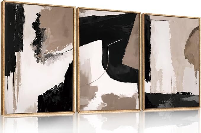Large Modern Abstract Framed Canvas Wall Art Set, Neutral Black and Beige Color Block Wall Decor,Minimalist Pastel Tan Art Printing for Living Room,Bedroom,Office-16 x24 x3