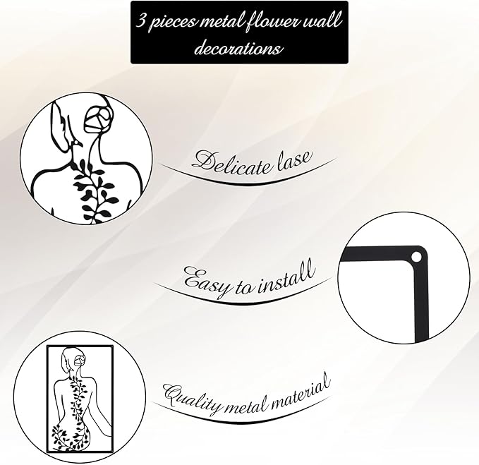 CHENGU 3 Pieces Metal Minimalist Abstract Woman Wall Art Line Drawing Wall Art Decor Single Line Female Home Hanging for Kitchen Bathroom Living Room