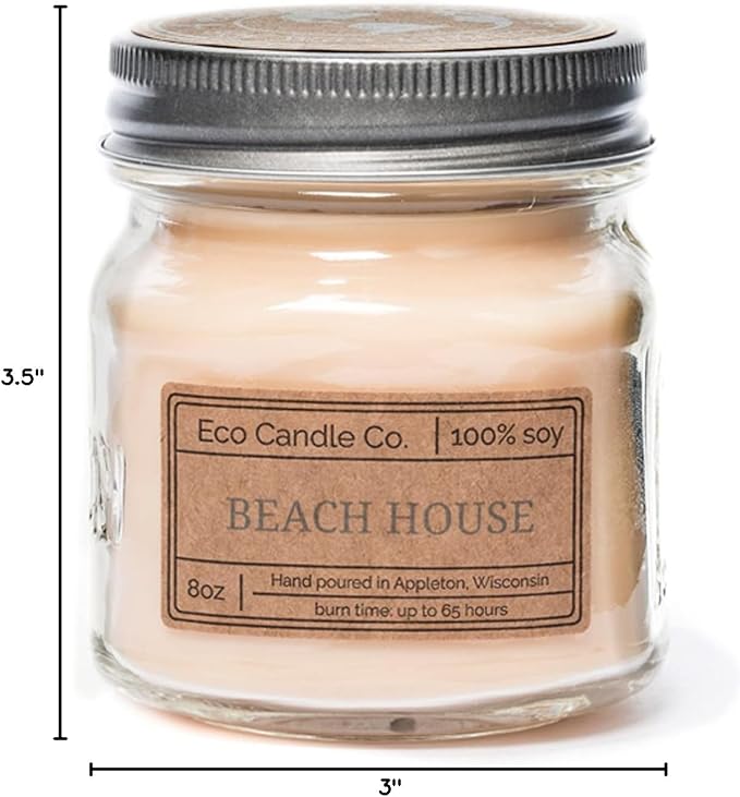 ECO CANDLE CO. Mason Jar Candle, Beach House, 8 oz. - Scents of Melons & Ocean Air - 100% Soy Wax, No Lead, Kraft Label & Antiqued Pewter Lid, Hand Poured, Made from Midwest Grown Soybeans