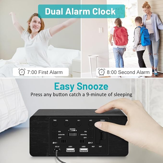 Andoolex Wooden Digital Alarm Clock with Wireless Charging, 0-100% Adjustable Brightness Dimmer and Alarm Volume, Weekday/Weekend Mode, Dual Alarm, Snooze, 12/24H, Wood LED Clock for Bedroom (Black)