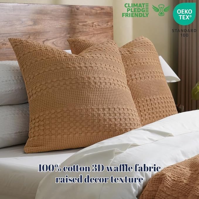 PHF 100% Cotton Waffle Weave Euro Sham Covers, 2 Pack 26" x 26" Bed Pillow Covers for Elegant Home Decor, No Filling, Luxury Aesthetic Soft Euro Pillow Cases for Bed, Clay