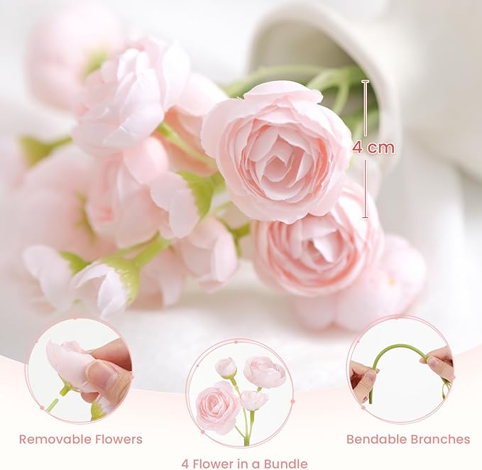 Alupssuc 30Pcs Ranunculus Artificial Flowers Faux Silk Mini Ranunculus, Spring Flowers Artificial Indoor for DIY Bouquets, Bulk Fake Wedding Filler Flowers for Bride Shower Decorations, Shabby Blush