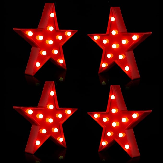 Tarpop 4 Pcs Star Plastic Night Light Battery Operated LED Marquee Star Sign Party Movie Theater Decor Room Wall Lamp for Kids Baby Child Girl Gifts, Birthday Party Christmas Home Bar(Red)