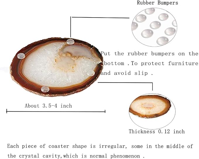 JIC Gem Natural Sliced Agate Coaster with Rubber Bumper Set of 4 (3.5-4", Natural)