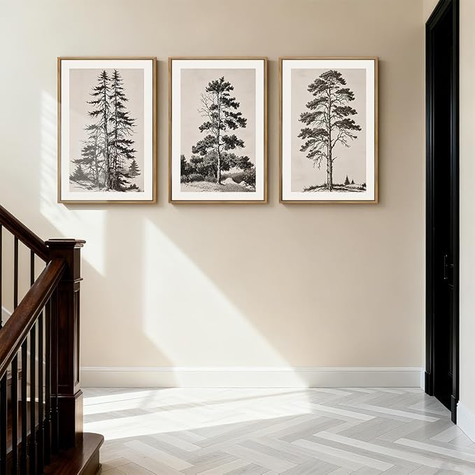 ANHUIB Vintage Tree Sketch Framed Canvas Wall Art 24x36 Inch Neutral Wilderness Forest Paintings Retro Botanical Wall Decor Set of 3 Black and White Landscape Prints for Living Room Bedroom Office