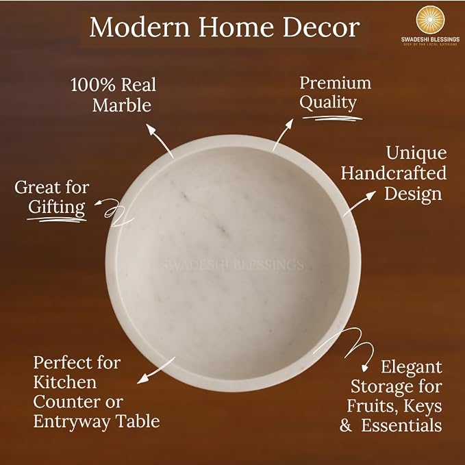 SWADESHI BLESSINGS Handcrafted Large Decorative Bowl for Home Decor, Marble Fruit Bowl for Kitchen Counter, Key Bowl for Entryway Table, Marble Pedestal Bowl for Dining Table Centerpiece Decor, 10.5”