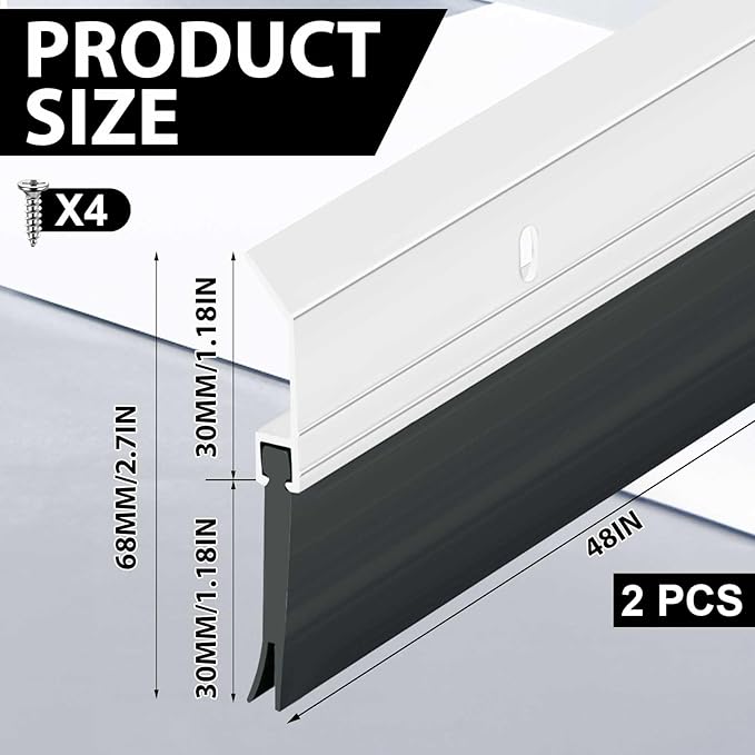Hushee 2 Pack 48 Inches Metal Rubber Door Sweep, Double Rubber Seal Aluminum Door Sweep High Sealing Draft Stopper, Weatherproof Sound Insulation Indoor Outdoor Use for Residential Commercial (Sliver)