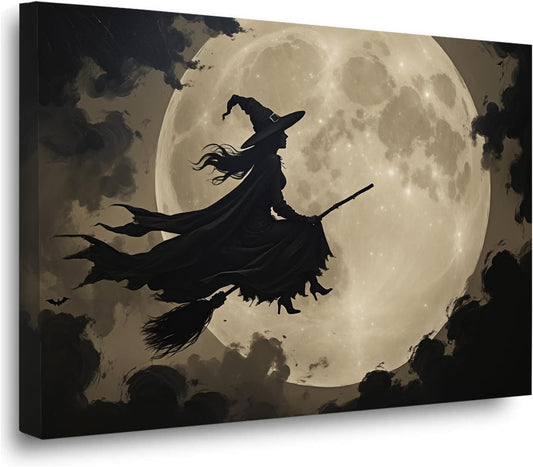 Full moon witch silhouette poster witch on magic broom Halloween mural poster decorative mural art suitable for home living room bedroom16x24in Wood Framed