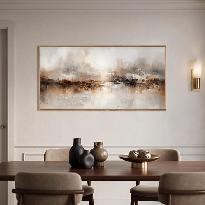Large Abstract Brown Pastel Framed Canvas Wall Art,Neutral Black Gray Wall Decor,Modern Brush Stroke Painting,Minimalist Textured Artwork for Living Room,Bedroom,Dining Room,Office -20"x40"x1