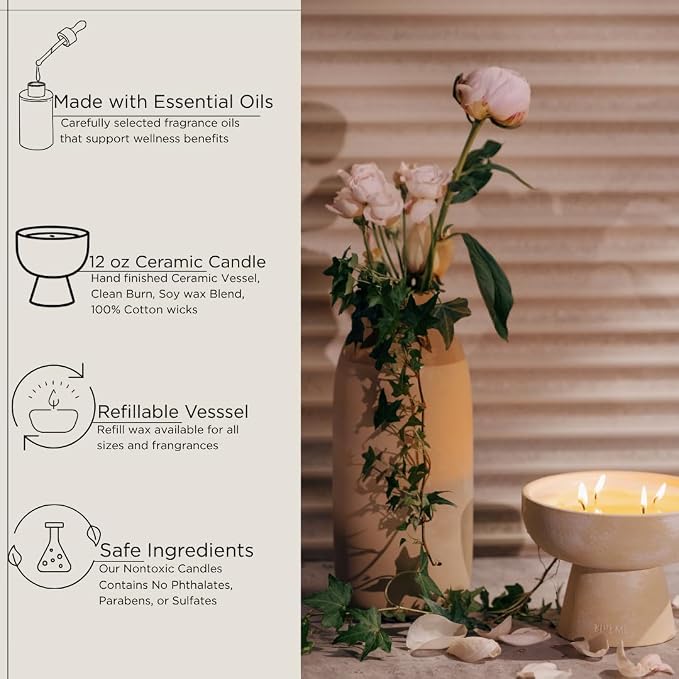 Blueme Renew Candle | Ivy & Rose | 2 Wick - Refillable Wellness Candle with Essential Oils, Hand Finished & Poured Soy Wax Blend Ceramic Vessel, Natural Cotton Wicks | Medium 12 oz