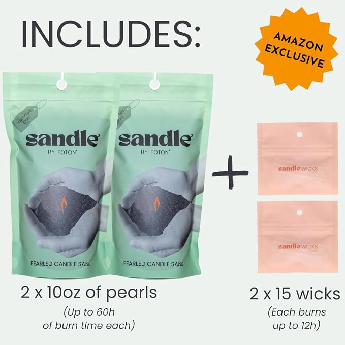 Sandle by Foton Pearled Candle – Multi-Pack (2 x 10oz) – Black Unscented, Non-Toxic, Luxury & Long-Lasting Candle Sand Wax up to 120 Hours – with 15 Wicks Each Pack