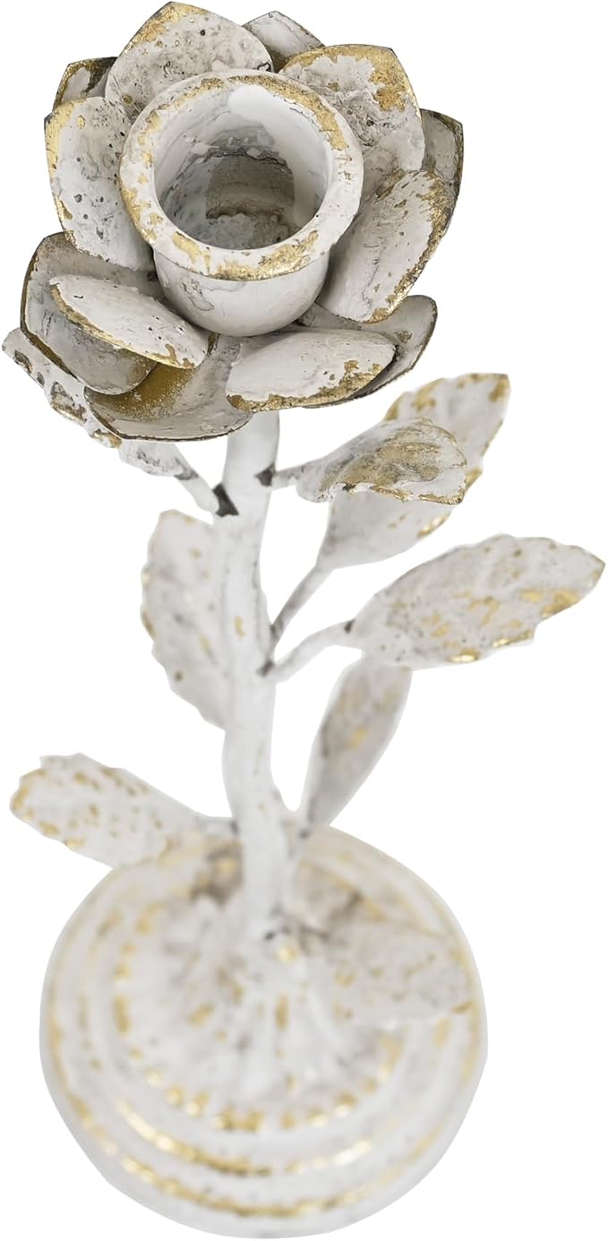 2-Piece Vintage Rose Taper Candle Holders, Distressed Distressed White & Gold Metal Candlestick Stands with Pink Floral Design, 12.2" Tall Rustic Farmhouse Tabletop Decor for Wedding, Dining & Home