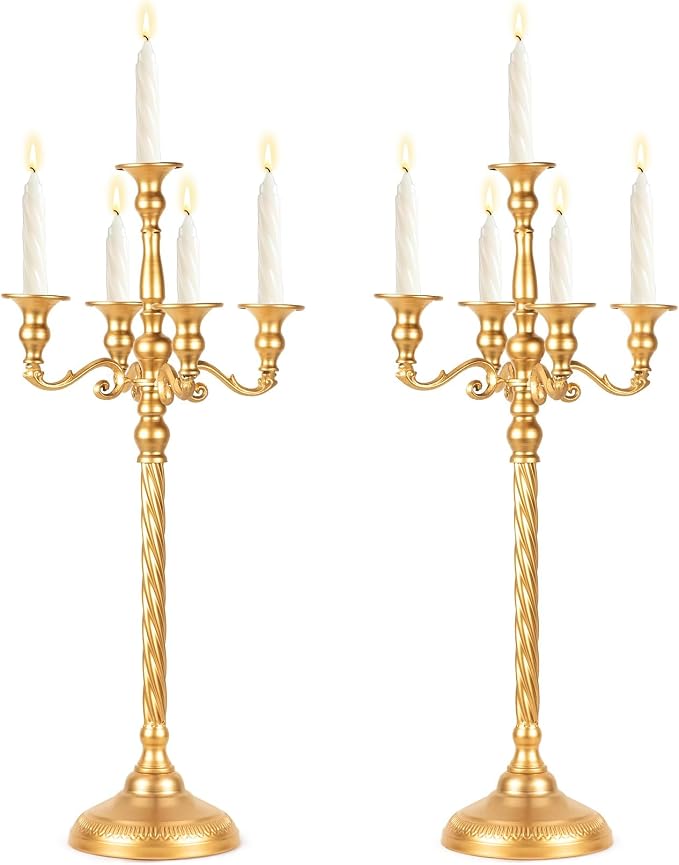 Tall 5 Arm Gold Candelabra Centerpiece for Table, 24.8'' Metal Candle Holder, 2 Pcs Retro Candelabra Table Centerpieces for Party, Events, Home, Wedding Decor