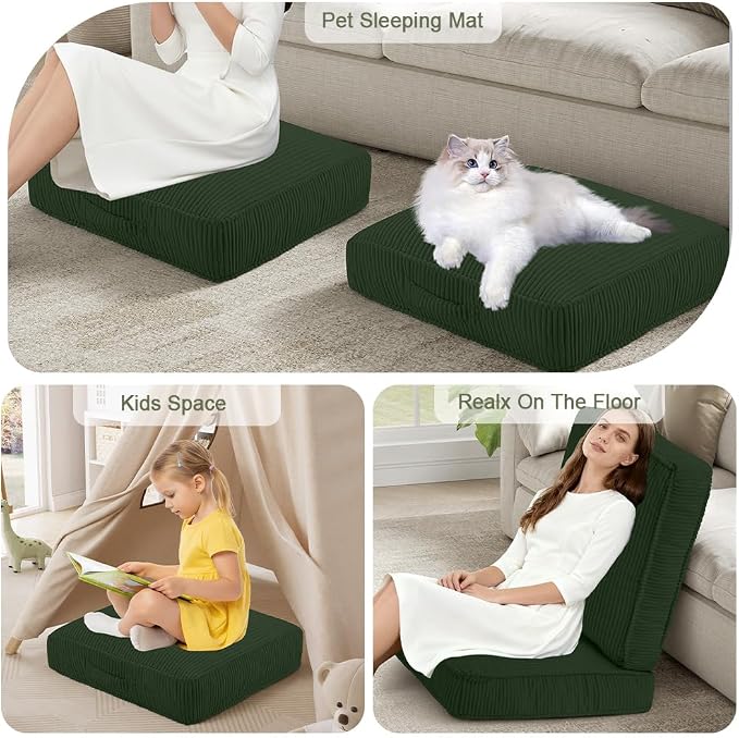 Floor Pillow for Adults Set of 2, 4" Square Floor Cushions with Washable Cover, Large Corduroy Meditation Pillow, 22 inches Tatami Seat with Handle for Living Room or Yoga, Green