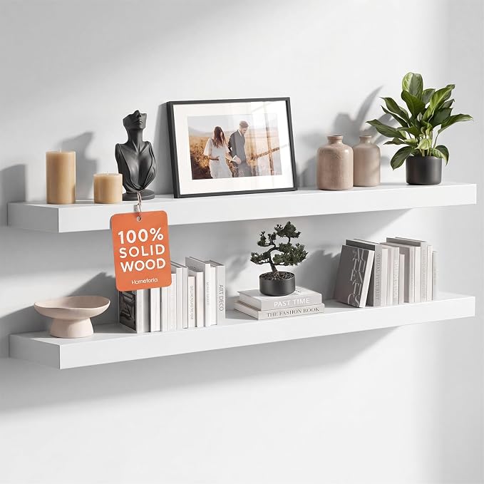 Homeforia White Floating Shelves 42 inch, High End Solid Real Wood 42inch Floating Shelf for Wall Mounted, White Wooden 42in Long Floating Shelves, Heavy Duty Bracket, 42 X 6.5 X 1.75 inches, Set of 3