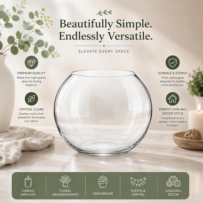 Glass Bubble, 6" Height x 8" Width Glass Fish Bowl Vase, Bubble Bowl vase for Terrarium, Flower vase Centerpiece
