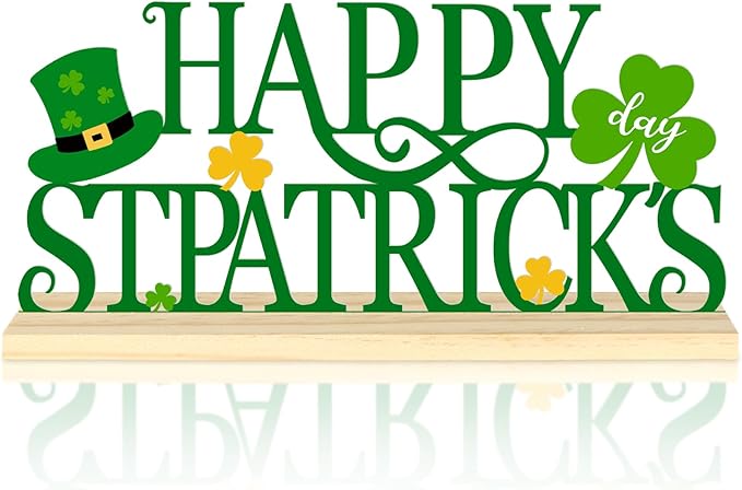 Metal Happy St. Patrick’s Day Table Sign, St. Patrick’s Day Tabletop Decoration with Wood Base, Green Shamrock Holiday Centerpiece Sign Decor for Home, Office, Shelf, Mantel Party Supplies（Patrick.A）