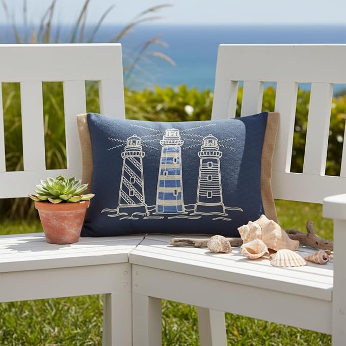 Comfy Hour Under The Sea Collection Ocean Coastal Three Lighthouses Accent and Throw Pillow Blue Decorative Cushion, 18"x13", Polyester